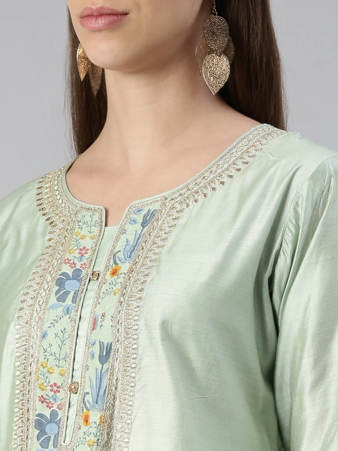 Neerus Women Pista Yoke Design Calf Length Kurta And Trousers With Dupatta - Image 4