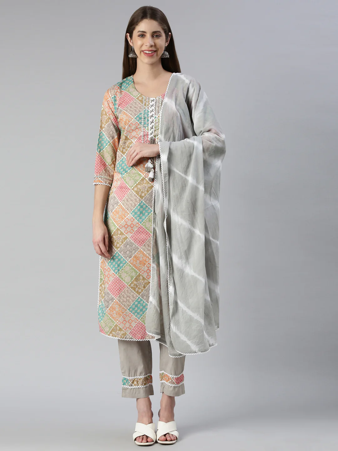 Neerus Women Printed Printed Calf Length Kurta And Trousers With Dupatta