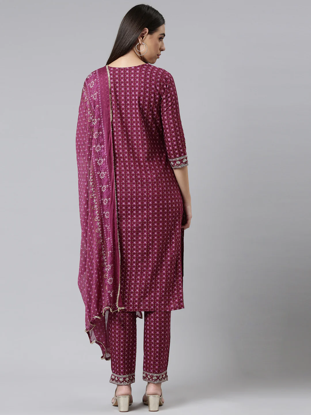 Neerus Women Purple Yoke Design Panelled Mirror Work Kurta with Trousers With Dupatta - Image 3