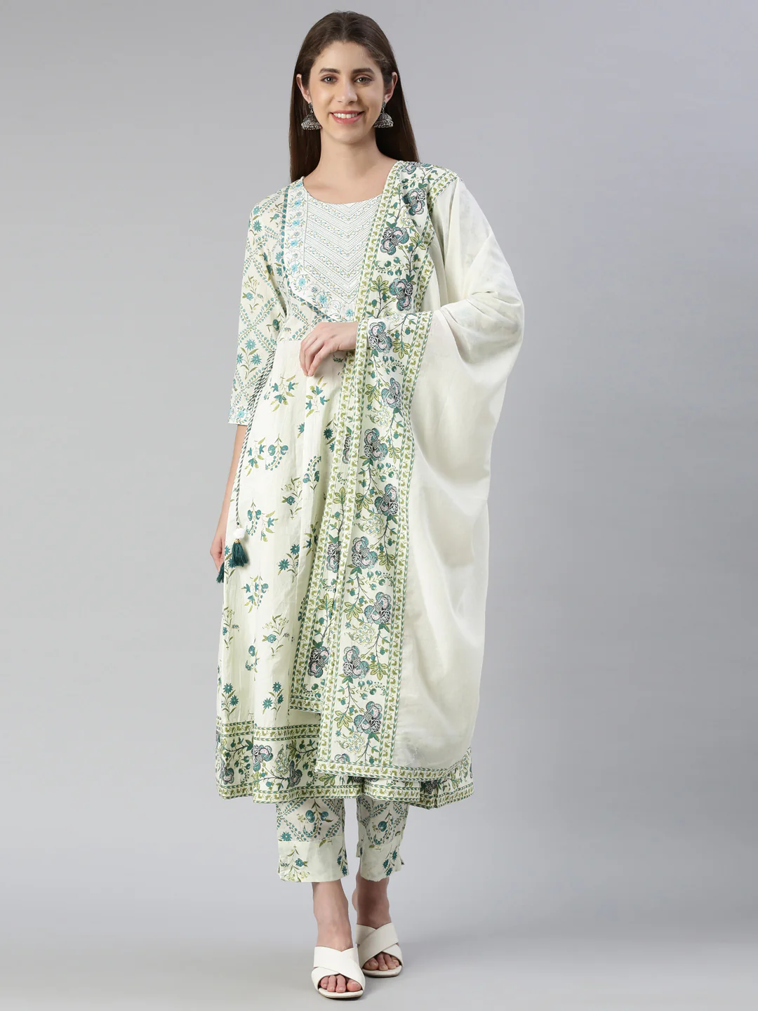Neerus Women Rama Printed Calf Length Kurta And Trousers With Dupatta
