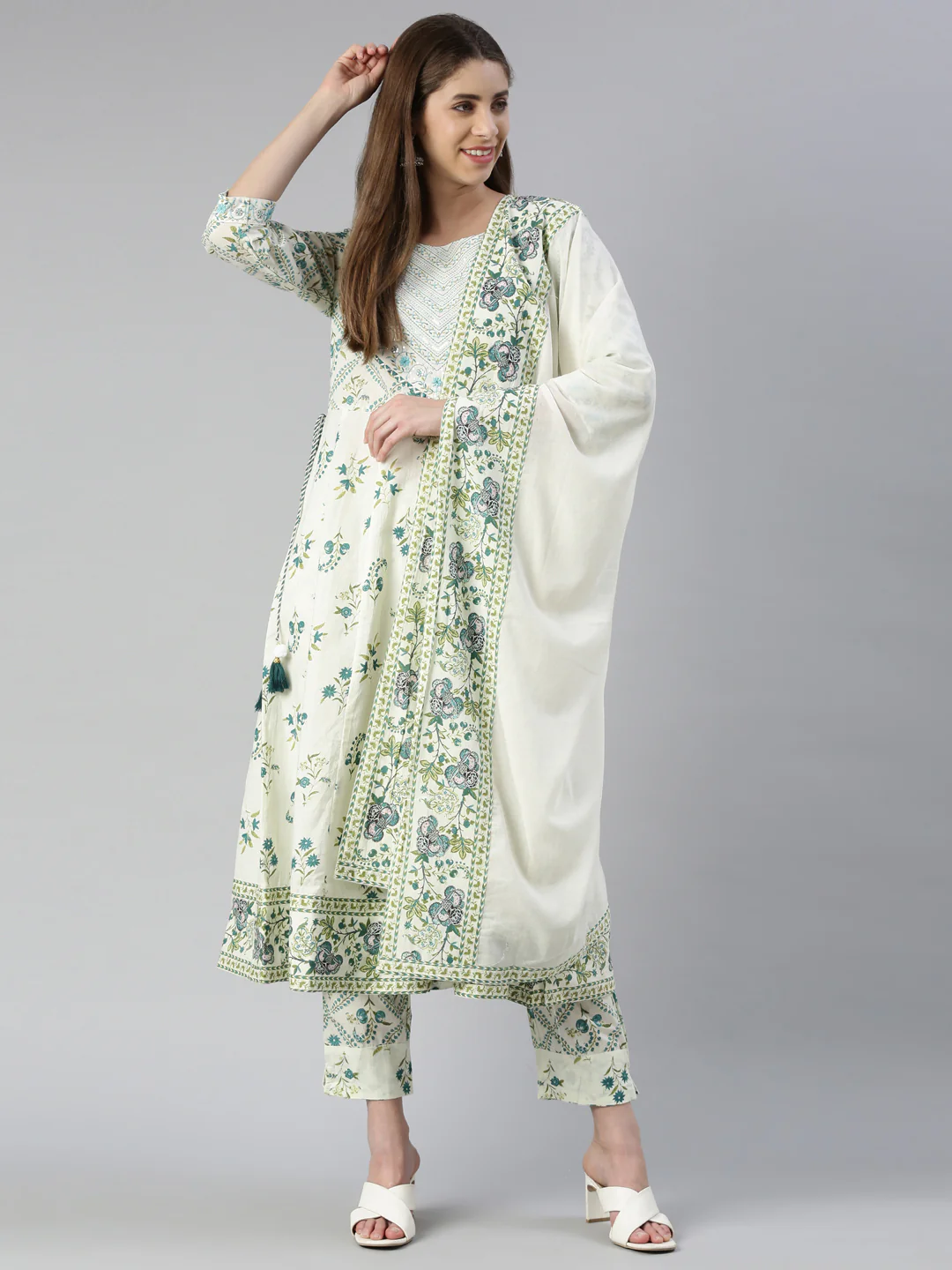 Neerus Women Rama Printed Calf Length Kurta And Trousers With Dupatta - Image 5
