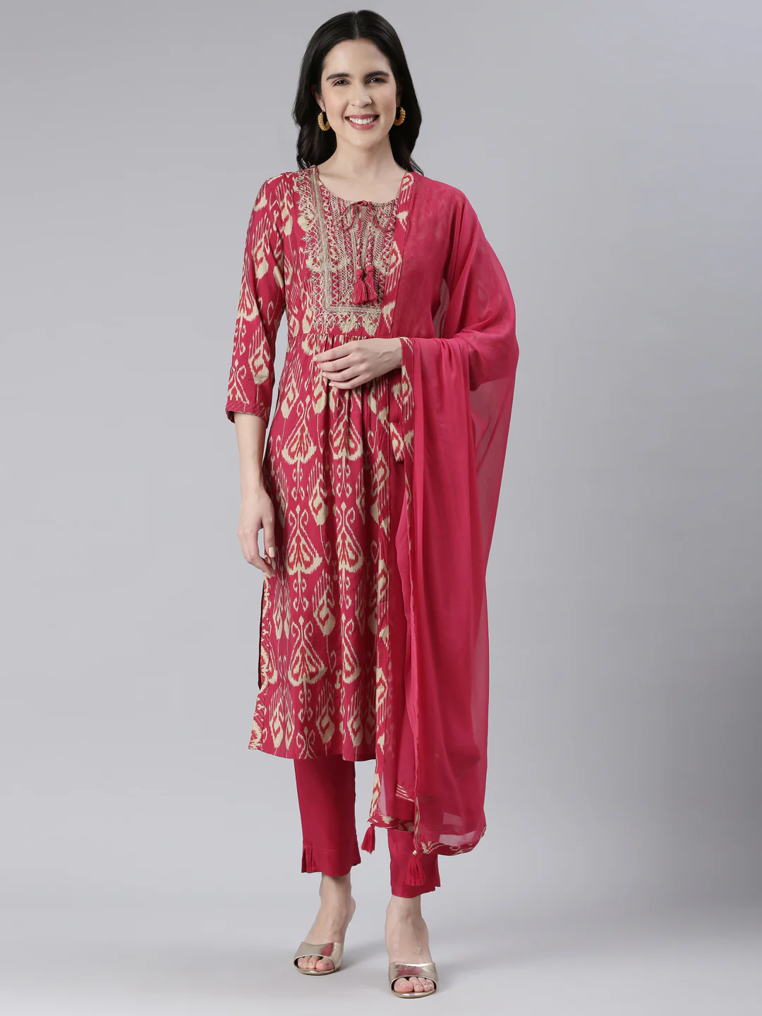 Neerus Women Rani Pink Yoke Design Calf Length Kurta And Trousers With Dupatta