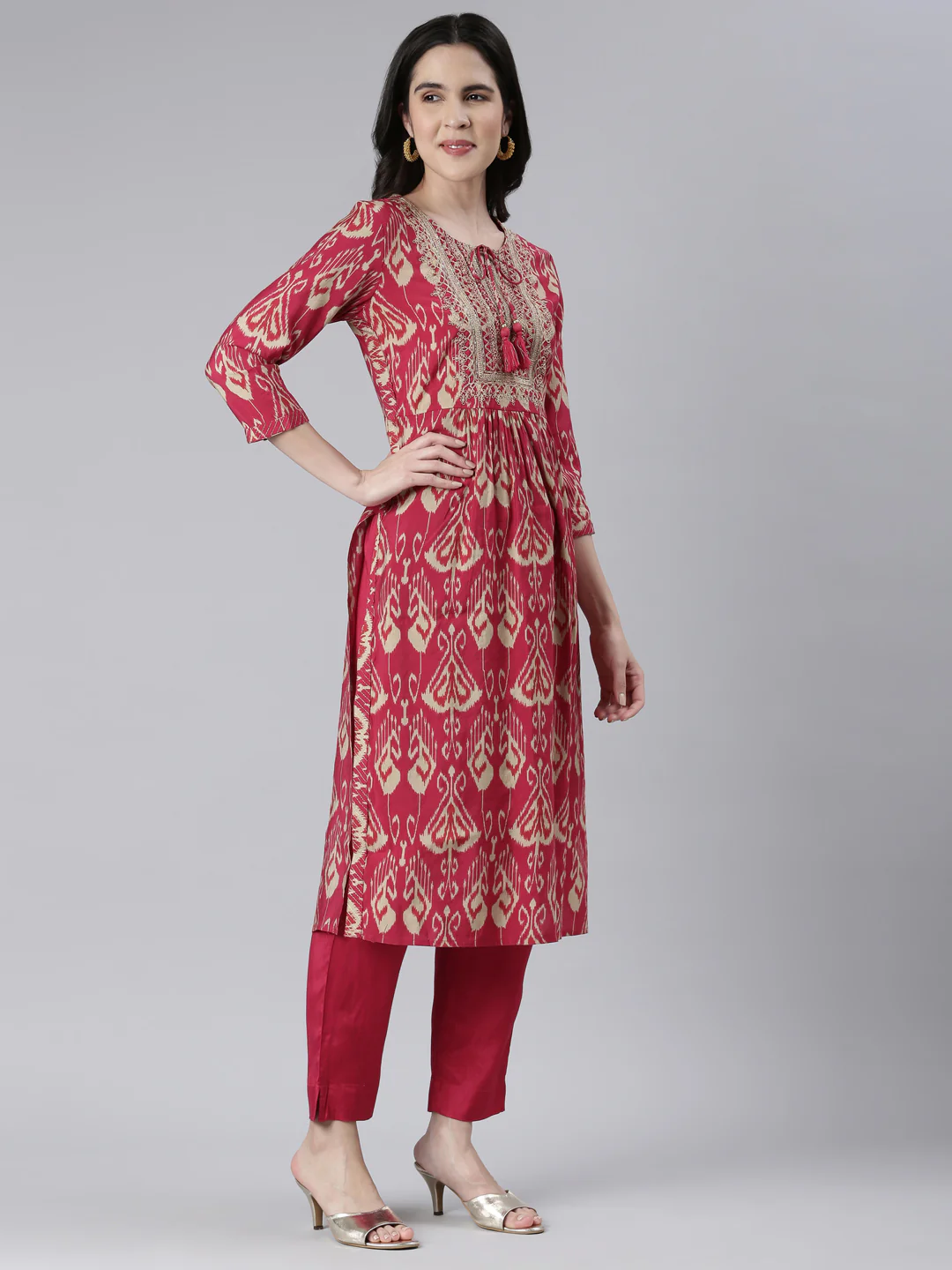 Neerus Women Rani Pink Yoke Design Calf Length Kurta And Trousers With Dupatta - Image 2