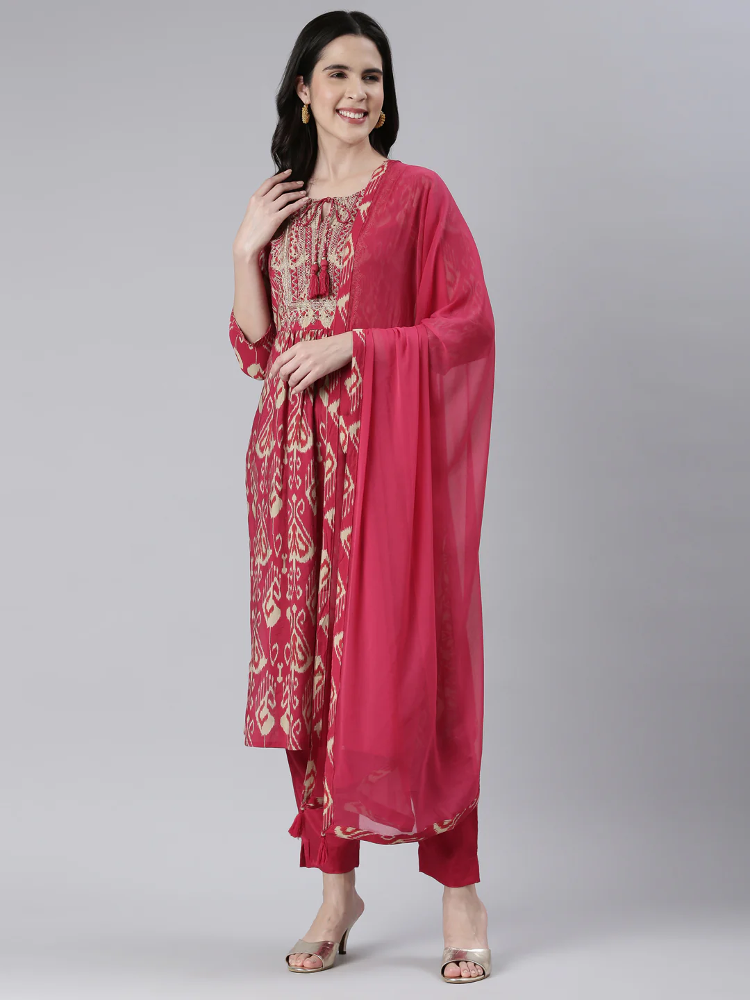 Neerus Women Rani Pink Yoke Design Calf Length Kurta And Trousers With Dupatta - Image 5