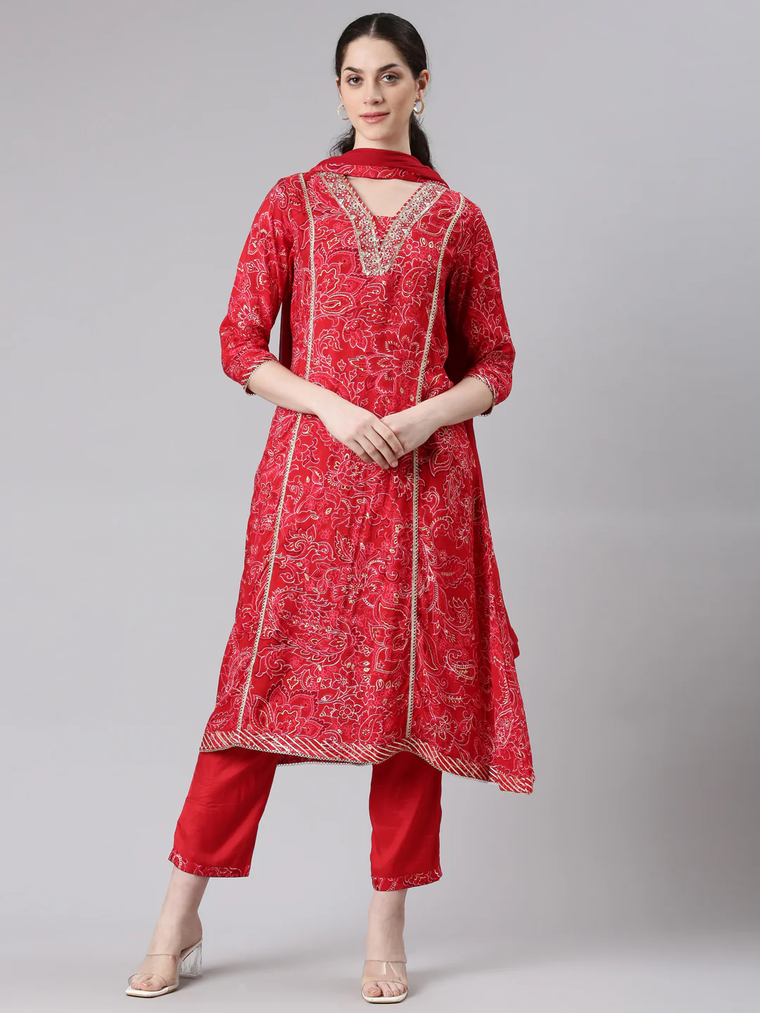 Neerus Women Red A-Line Kurta and Trousers With Dupatta