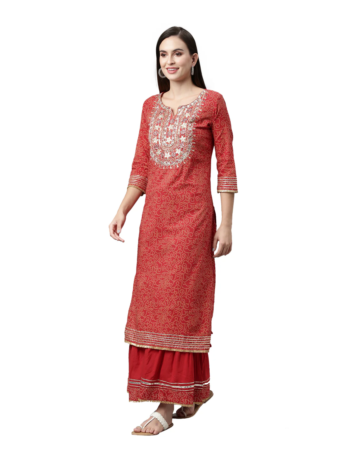 Neerus Women Red Ethnic Motifs Dyed Straight Kurta with Skirt and Dupatta - Image 2