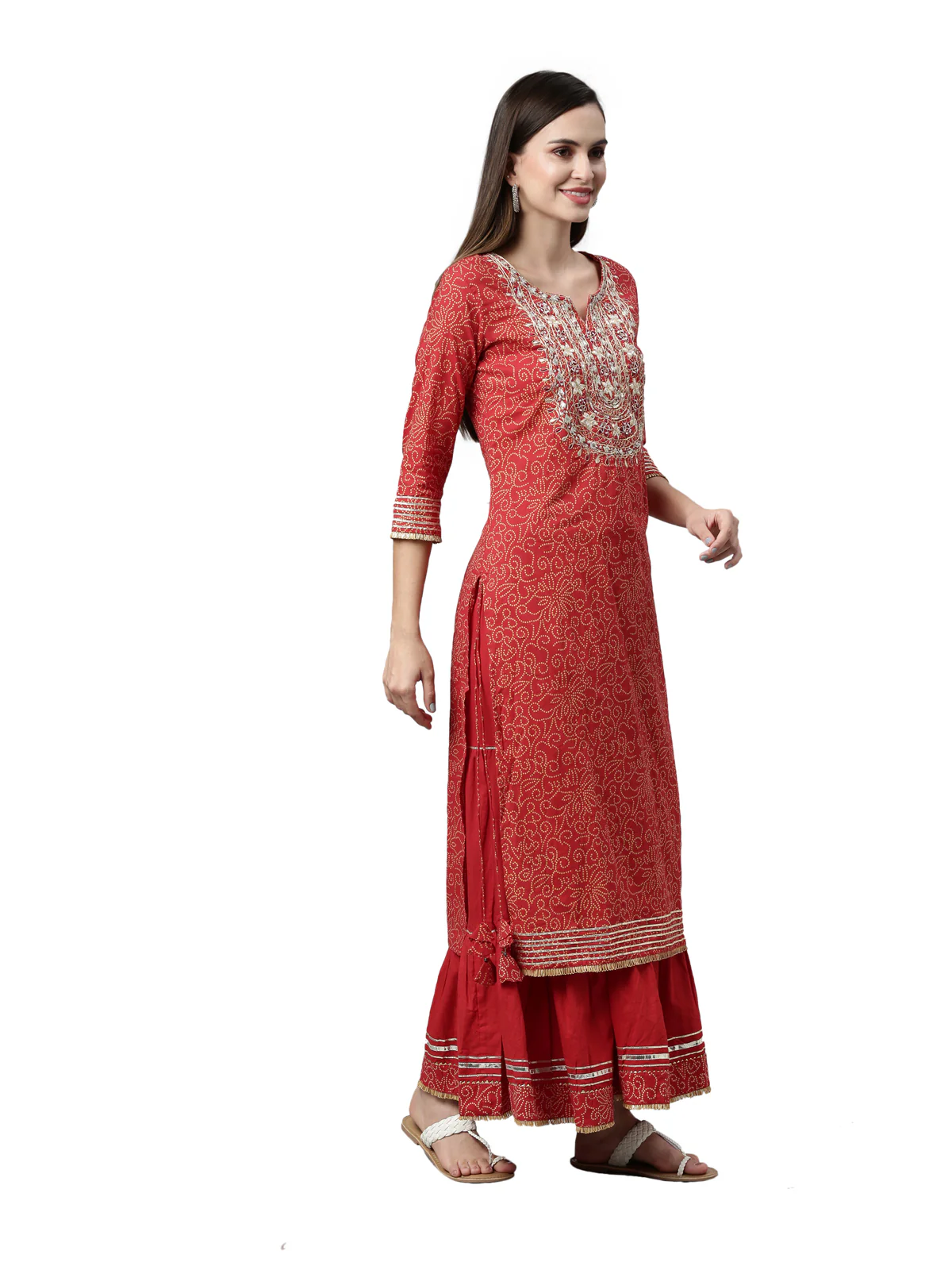Neerus Women Red Ethnic Motifs Dyed Straight Kurta with Skirt and Dupatta - Image 3