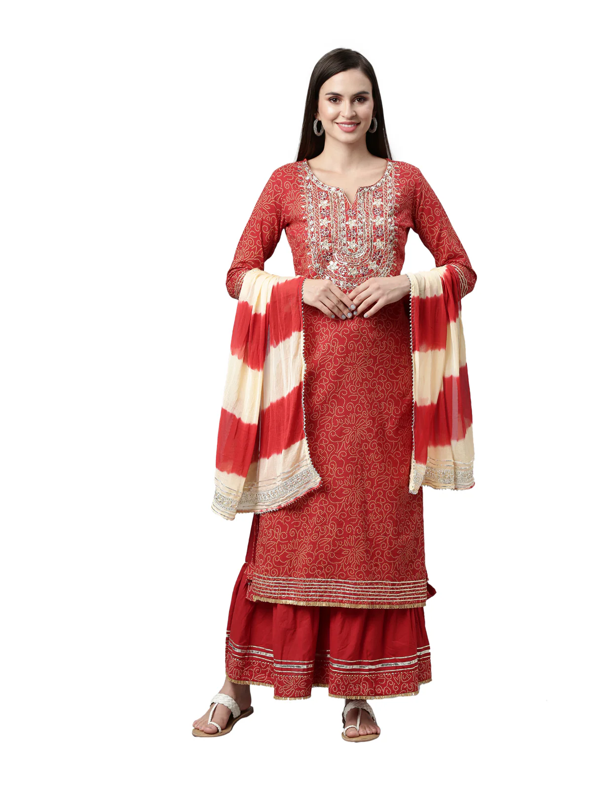 Neerus Women Red Ethnic Motifs Dyed Straight Kurta with Skirt and Dupatta - Image 6