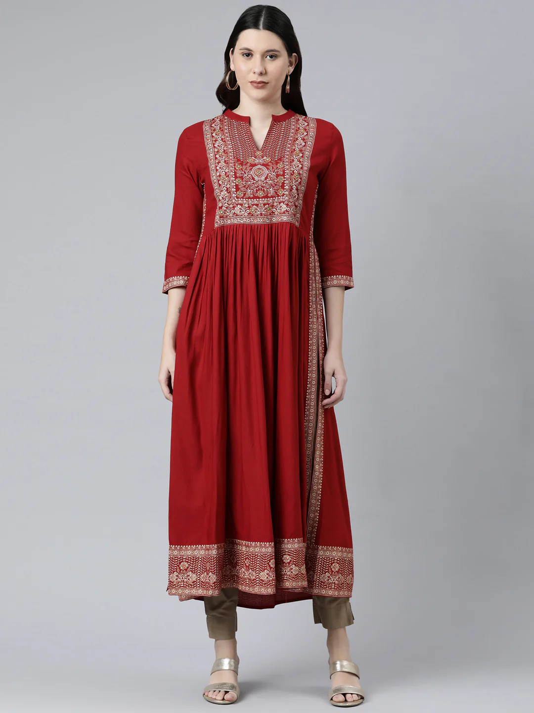 Neerus Women Red Floral Yoke Design Anarkali Kurta