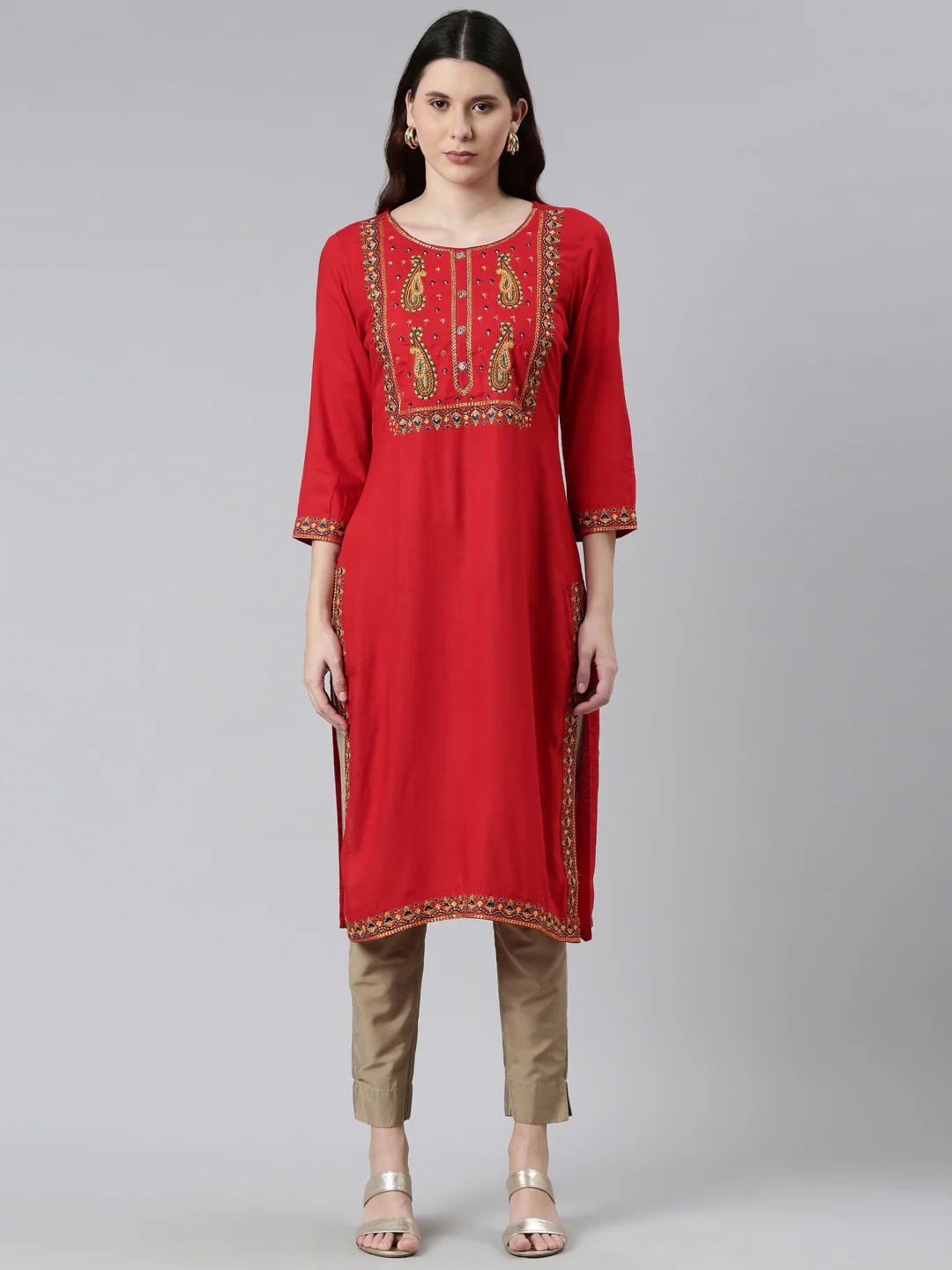Neerus Women Red Floral Yoke Design Kurta