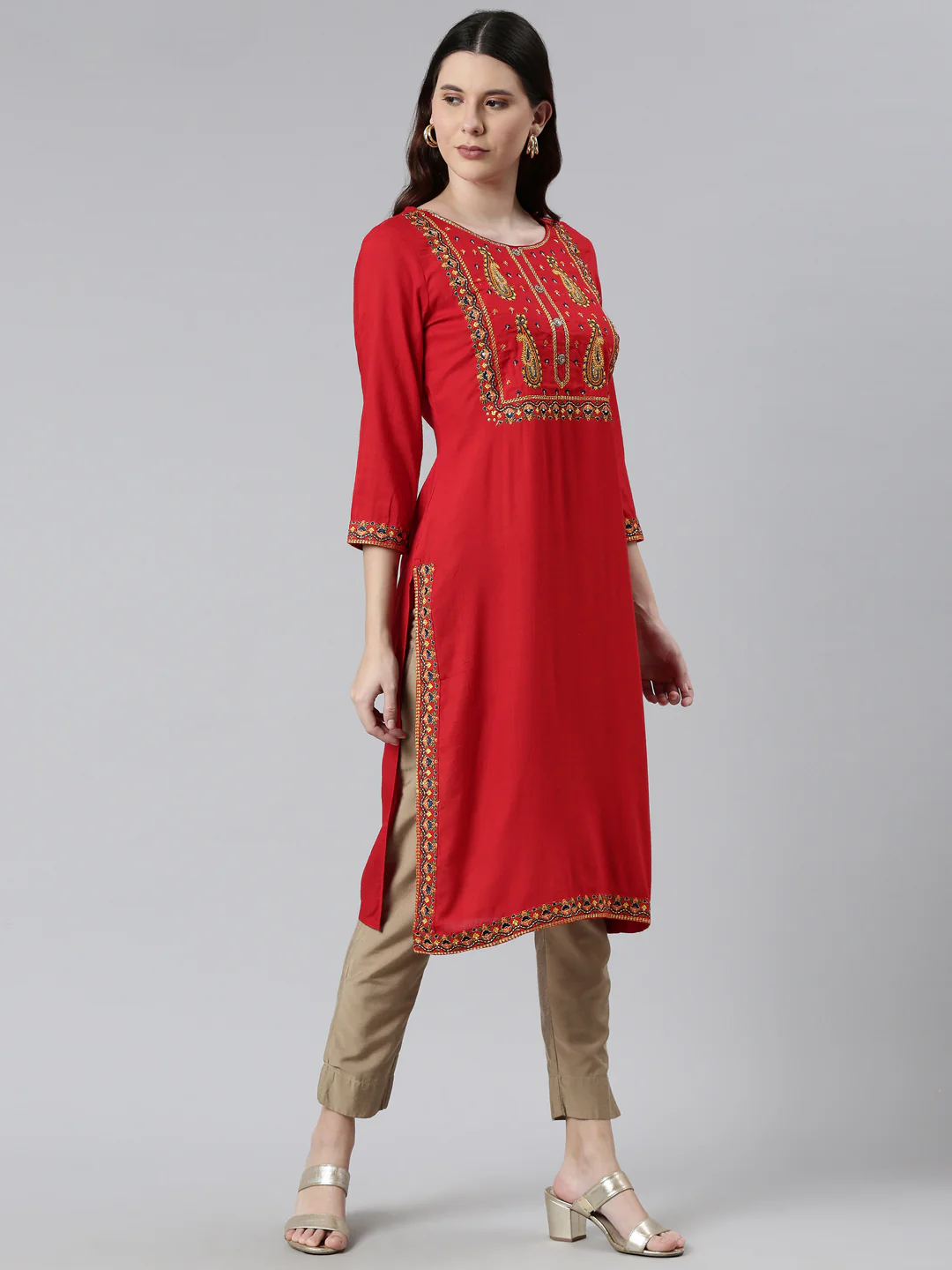 Neerus Women Red Floral Yoke Design Kurta - Image 2