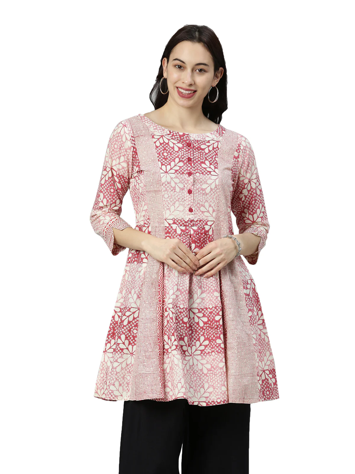 Neerus Women Red Peach-Coloured Ethnic Motifs Printed Anarkali Kurta