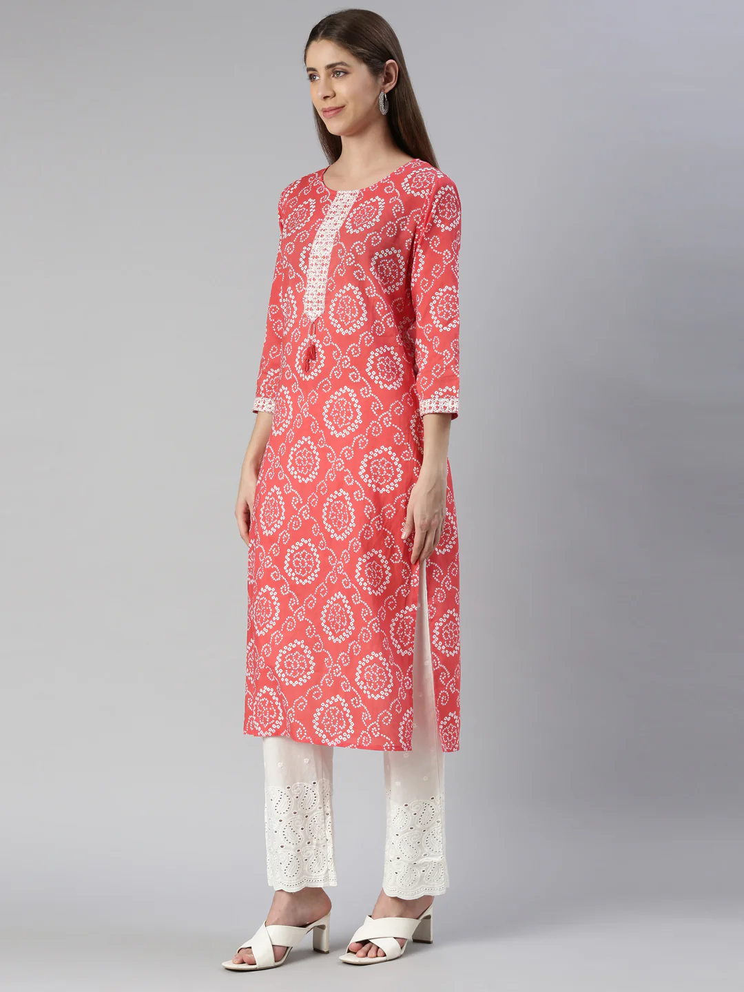 Neerus Women Red Printed Calf Length Kurta And Palazzos With Dupatta - Image 2