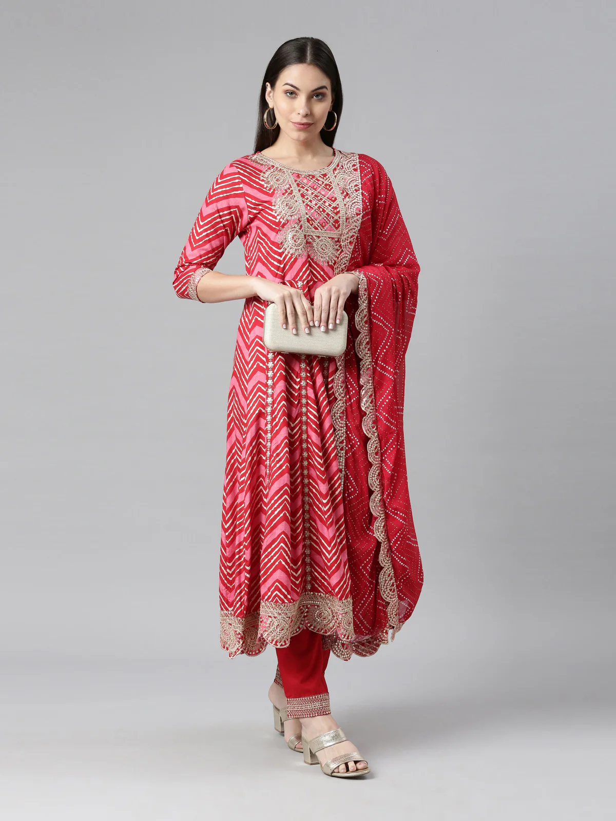 Neerus Women Red Printed Panelled Sequinned Kurta with Trousers With Dupatta - Image 6