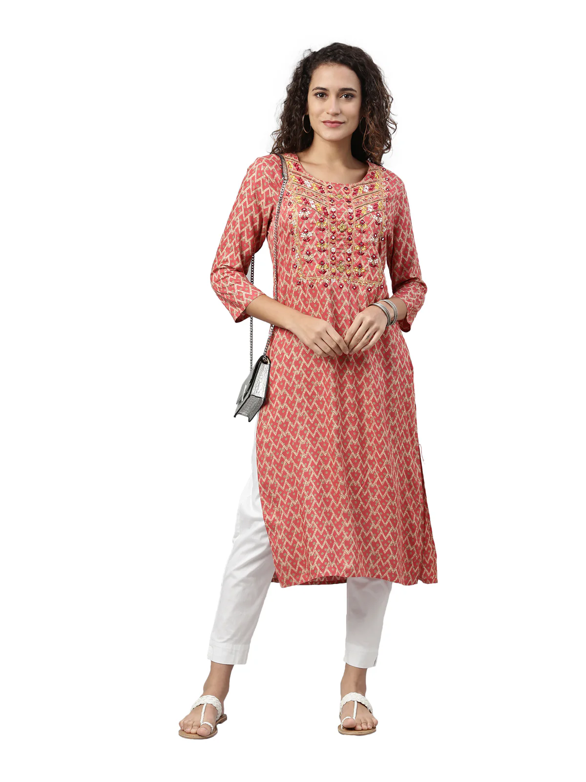 Neerus Women Red Quirky Printed Mirror Work Kurta - Image 5