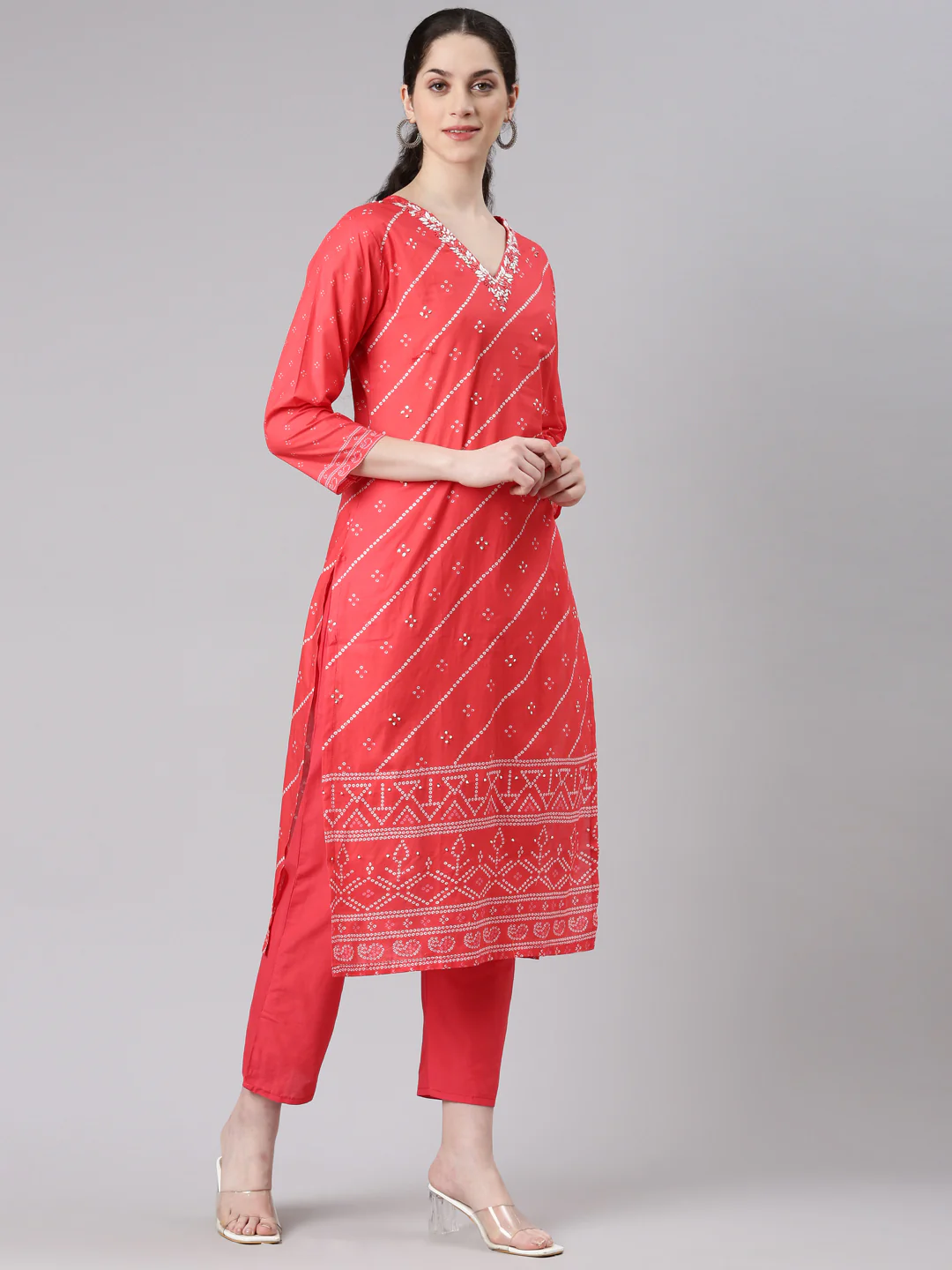 Neerus Women Red Straight Kurta and Trousers With Dupatta - Image 2