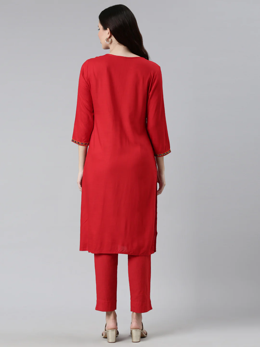 Neerus Women Red Yoke Design Thread Work Kurta - Image 3
