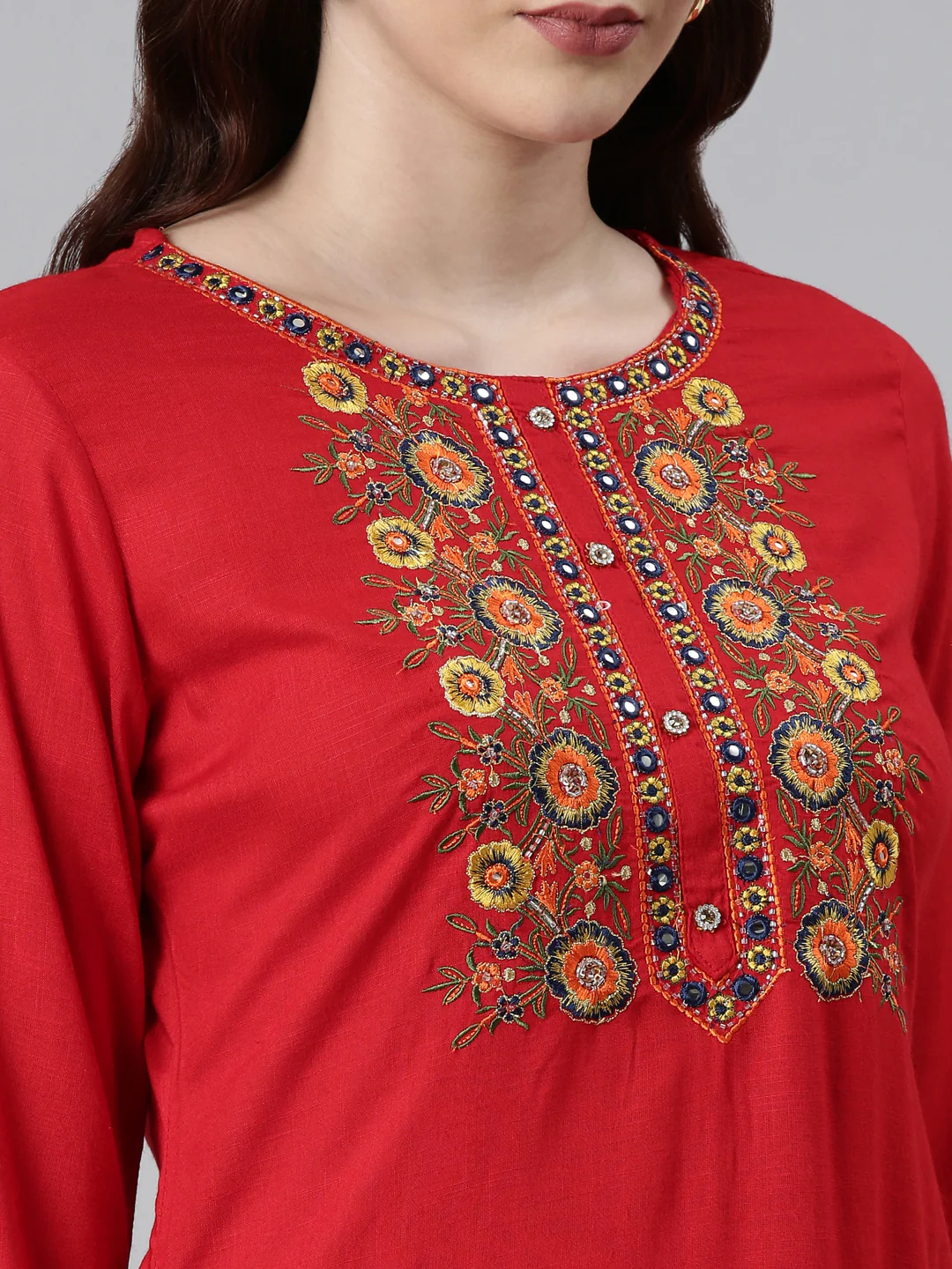 Neerus Women Red Yoke Design Thread Work Kurta - Image 4