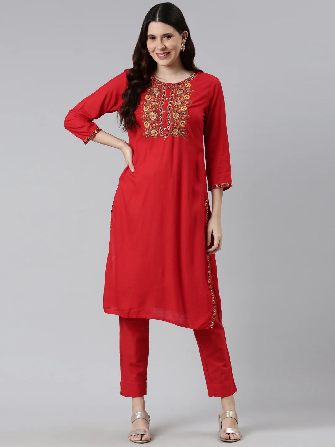Neerus Women Red Yoke Design Thread Work Kurta - Image 5