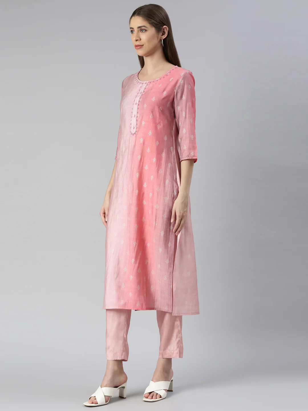 Neerus Women Rose Pink Printed Knee Length Kurta And Trousers With Dupatta - Image 2