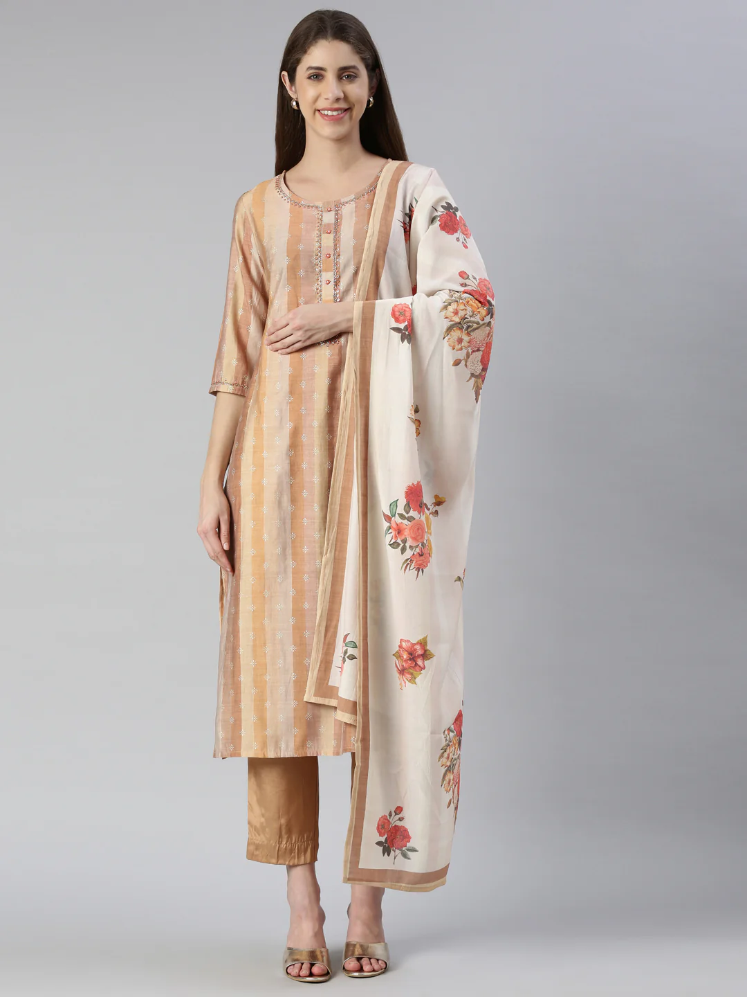 Neerus Women Rust Yoke Design Knee Length Kurta And Trousers With Dupatta