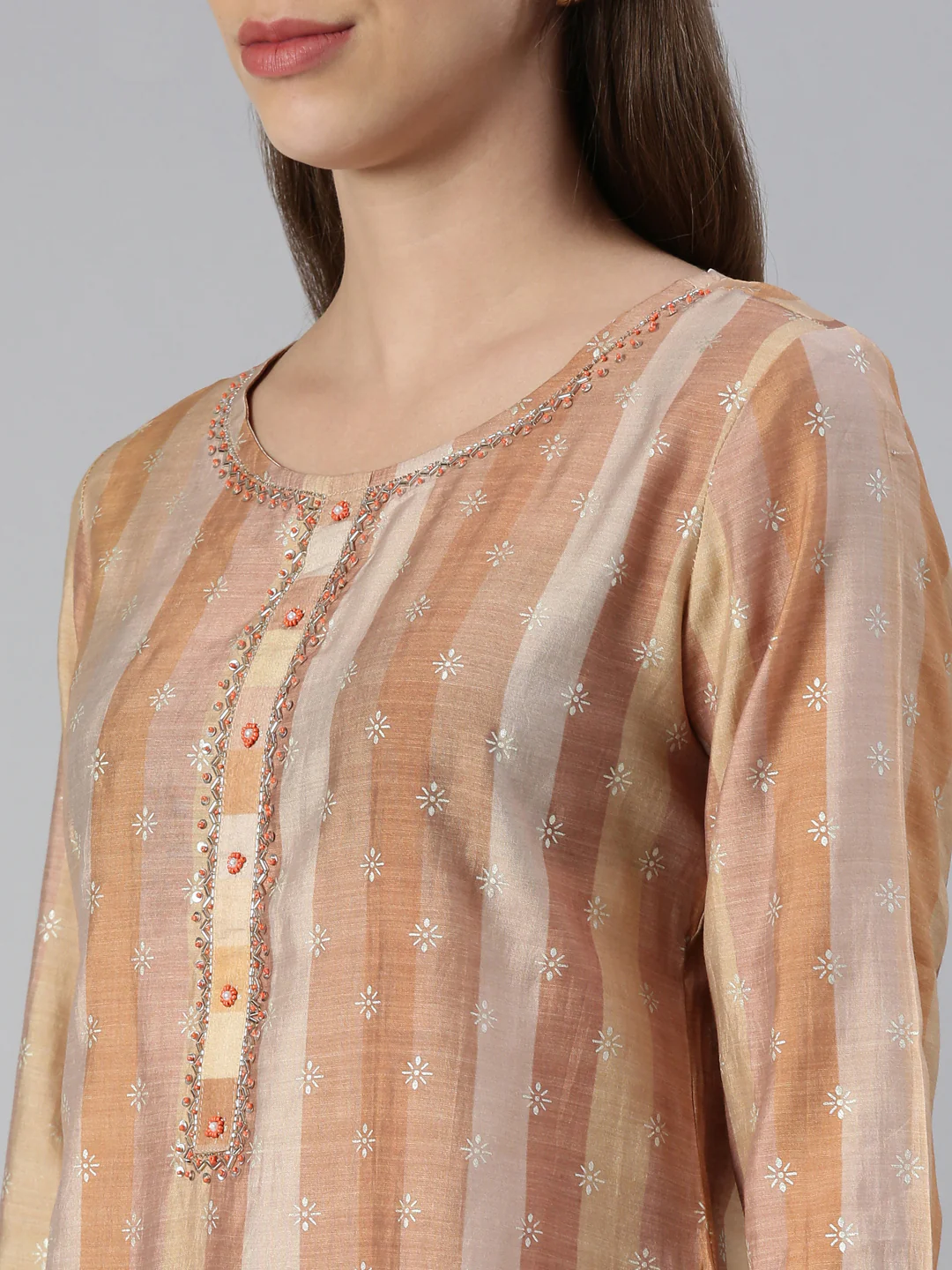 Neerus Women Rust Yoke Design Knee Length Kurta And Trousers With Dupatta - Image 4