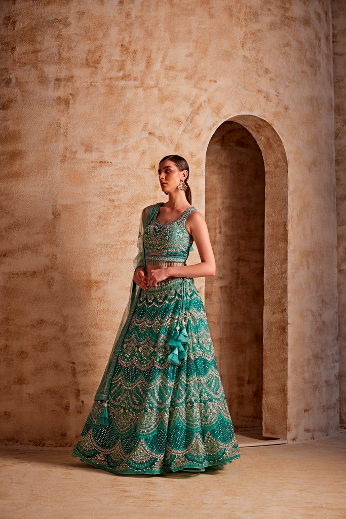 Neerus Women Sea Green Color Nett Fabric Ghagra Set - Image 4