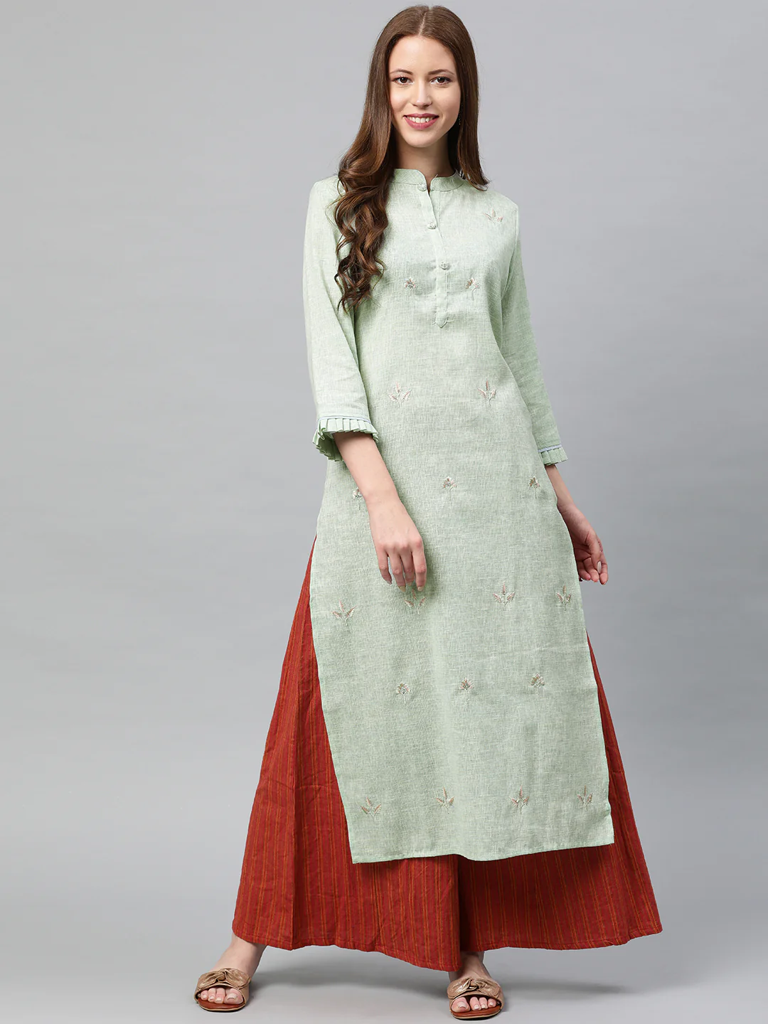 Neerus Women Sea Green Embroidered Straight Kurta With Pleated Edge Sleeve