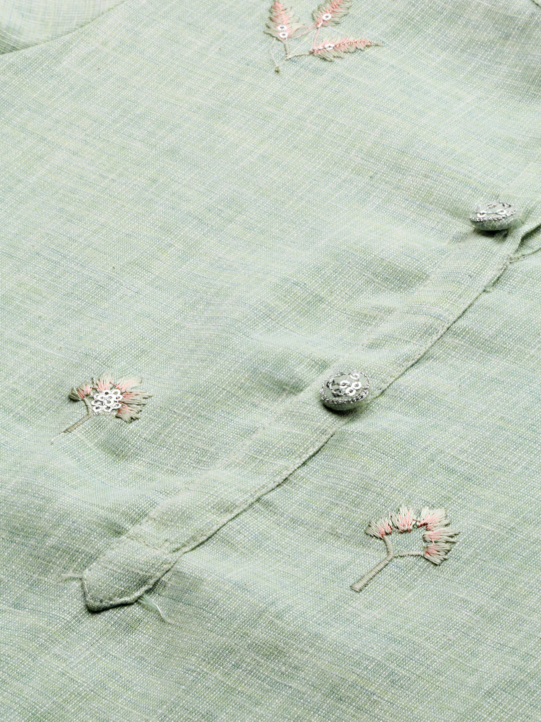 Neerus Women Sea Green Embroidered Straight Kurta With Pleated Edge Sleeve - Image 2
