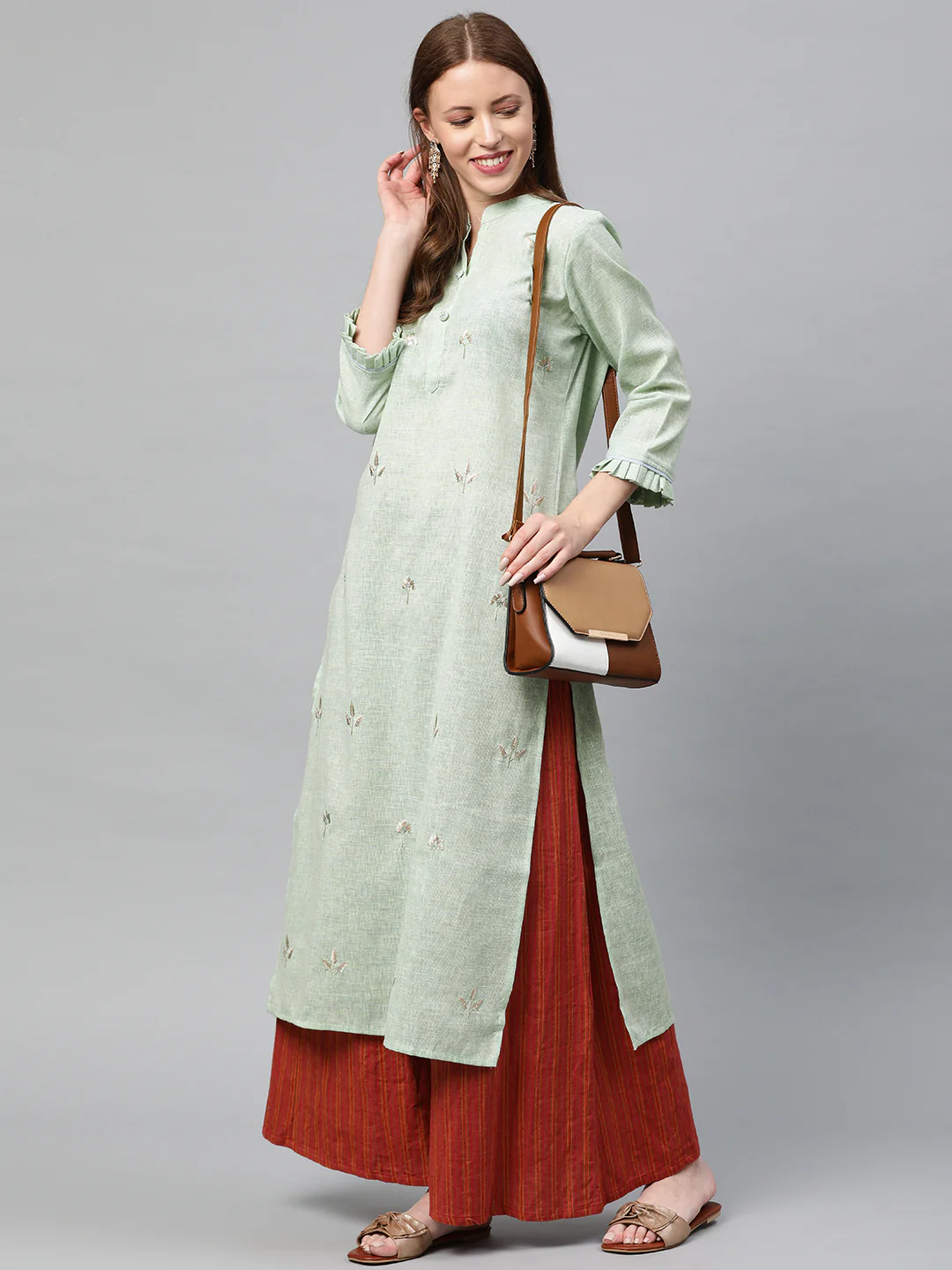 Neerus Women Sea Green Embroidered Straight Kurta With Pleated Edge Sleeve - Image 5