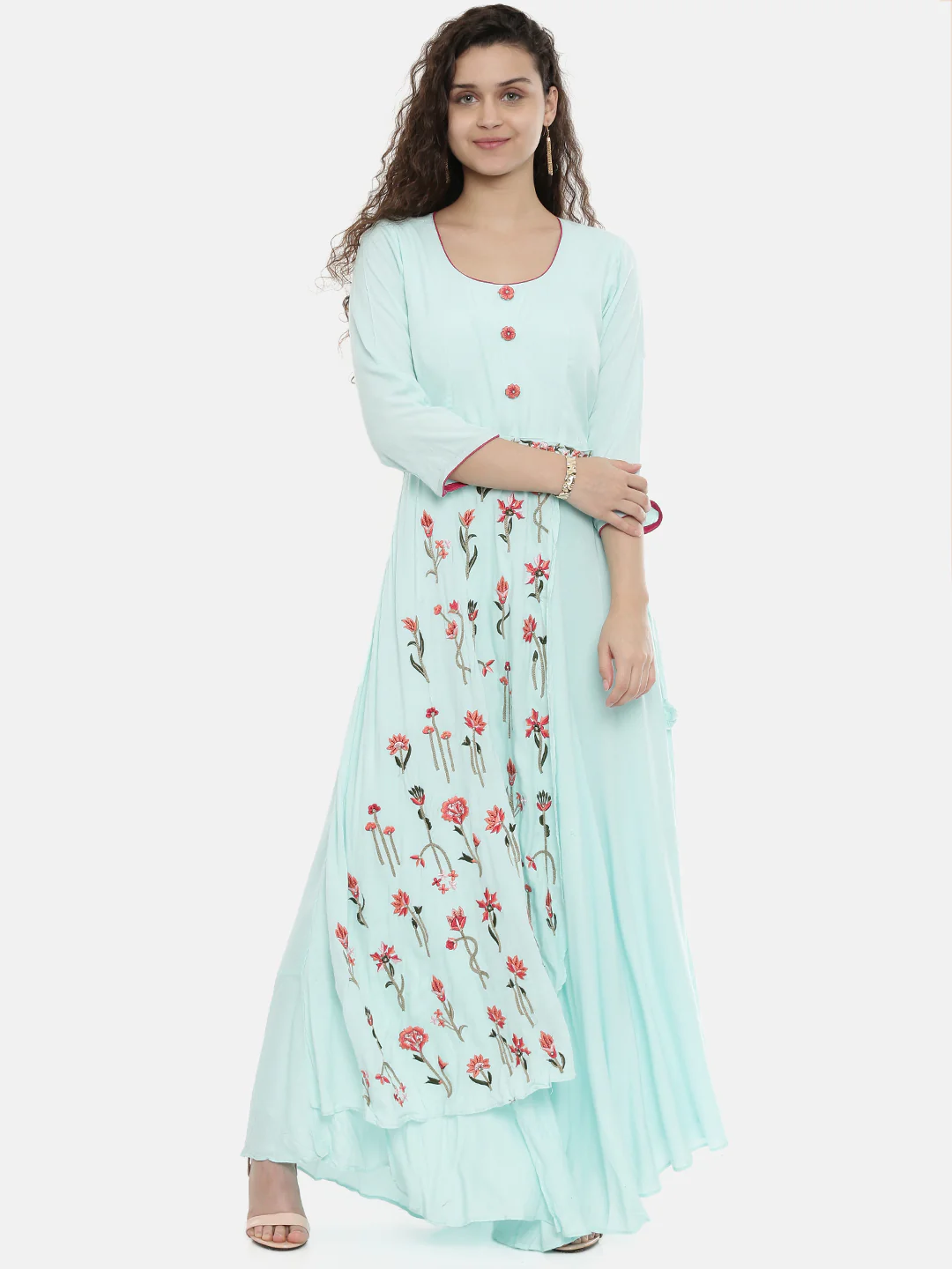 Neerus Women Sea Green Red Floral Embroidered A-Line Kurta With Tie-Up Detail