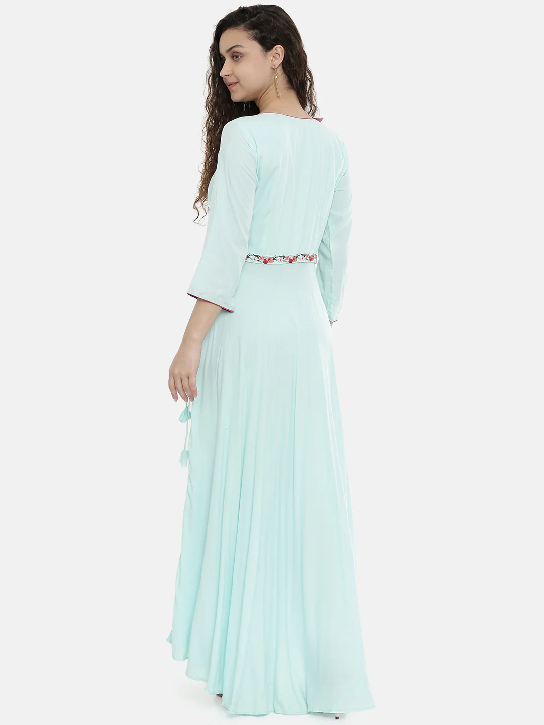 Neerus Women Sea Green Red Floral Embroidered A-Line Kurta With Tie-Up Detail - Image 5
