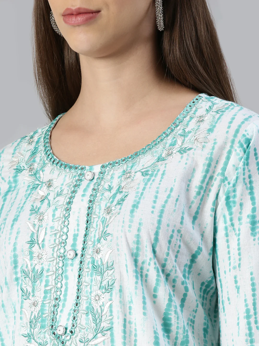 Neerus Women Sea Green Solid Calf Length Kurta And Trousers With Dupatta - Image 4