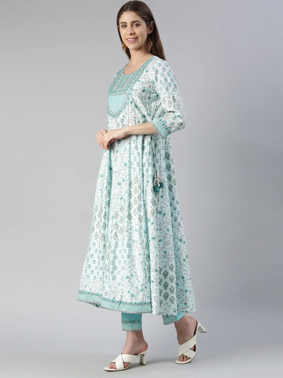 Neerus Women Sea Green Yoke Design Calf Length Kurta And Trousers With Dupatta - Image 2