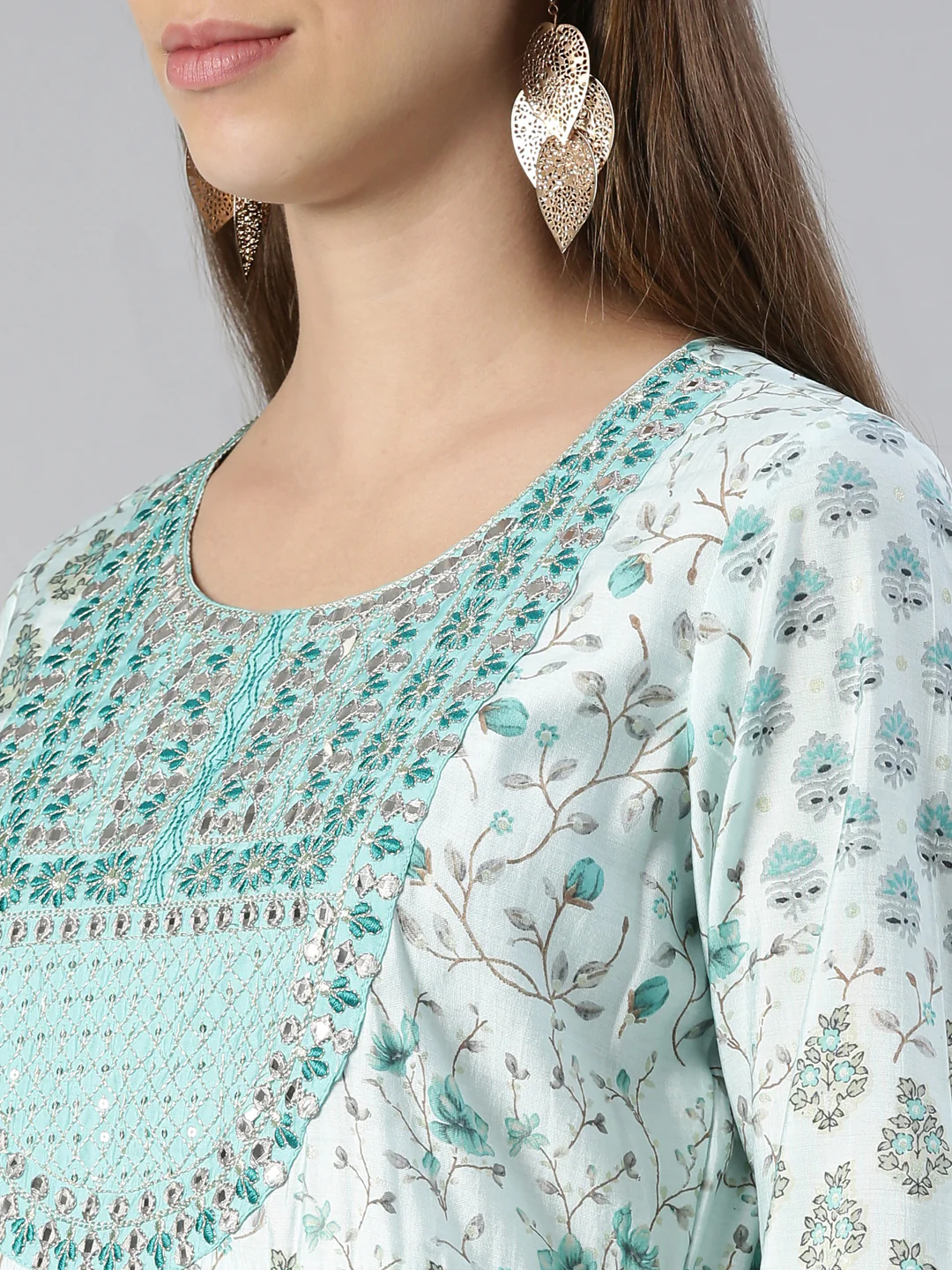 Neerus Women Sea Green Yoke Design Calf Length Kurta And Trousers With Dupatta - Image 4