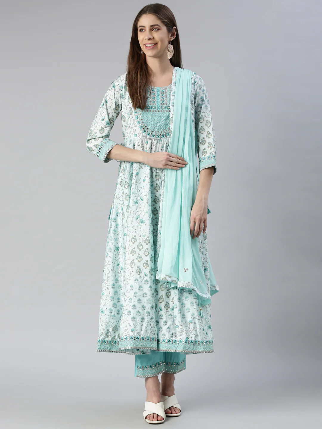 Neerus Women Sea Green Yoke Design Calf Length Kurta And Trousers With Dupatta - Image 5