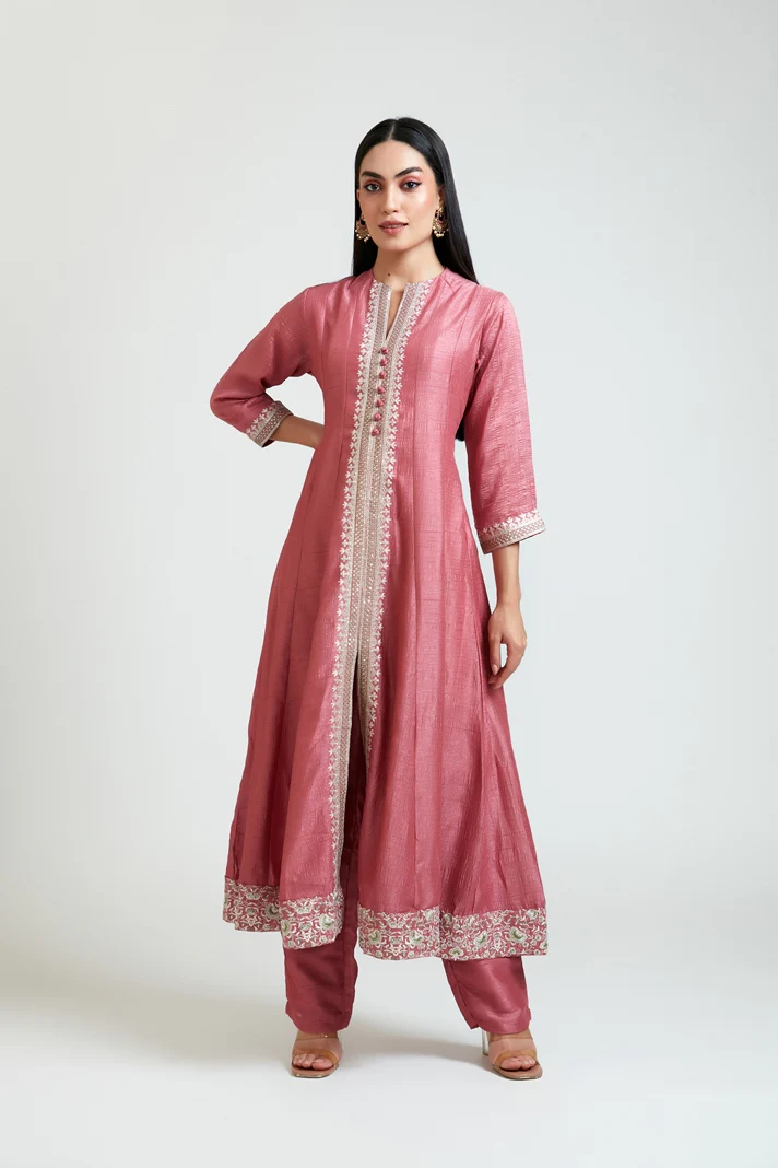 Neerus Women Silk Pink Kurta Set - Image 4