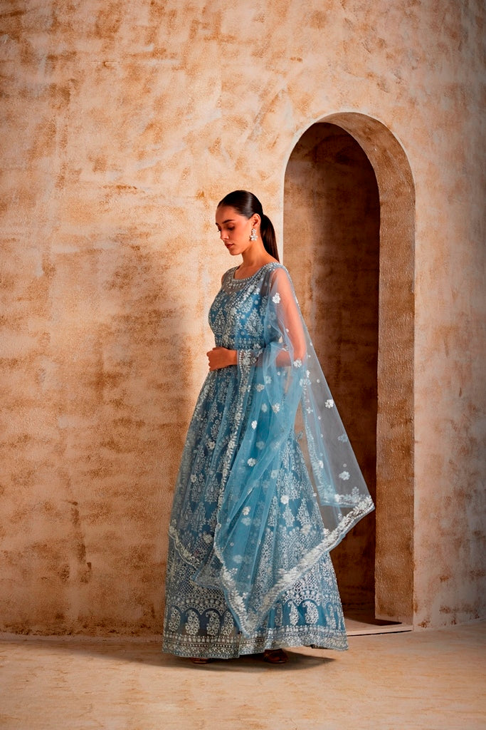 Neerus Women Sky Blue Color Embroidered Gown - Image 3
