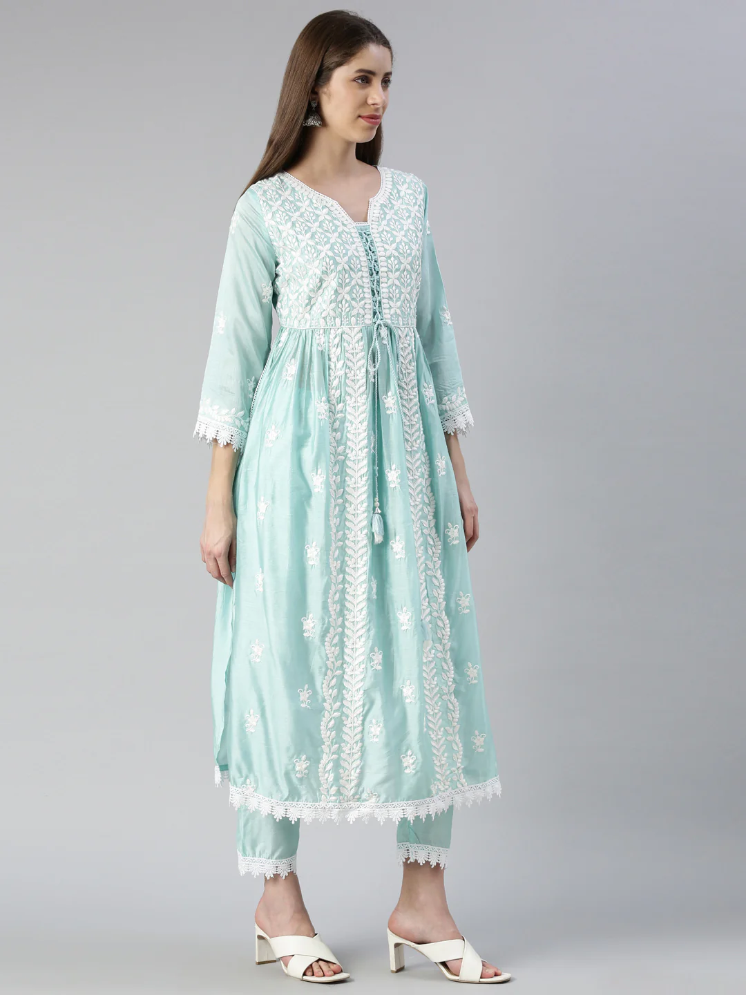 Neerus Women Sky Blue Solid Calf Length Kurta And Trousers With Dupatta - Image 2