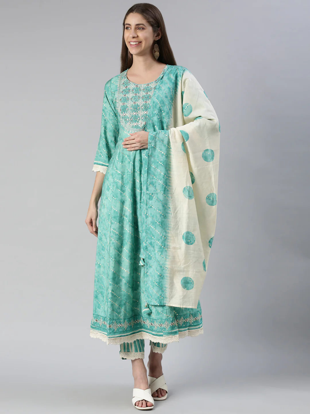 Neerus Women Sky Blue Yoke Design Calf Length Kurta And Trousers With Dupatta