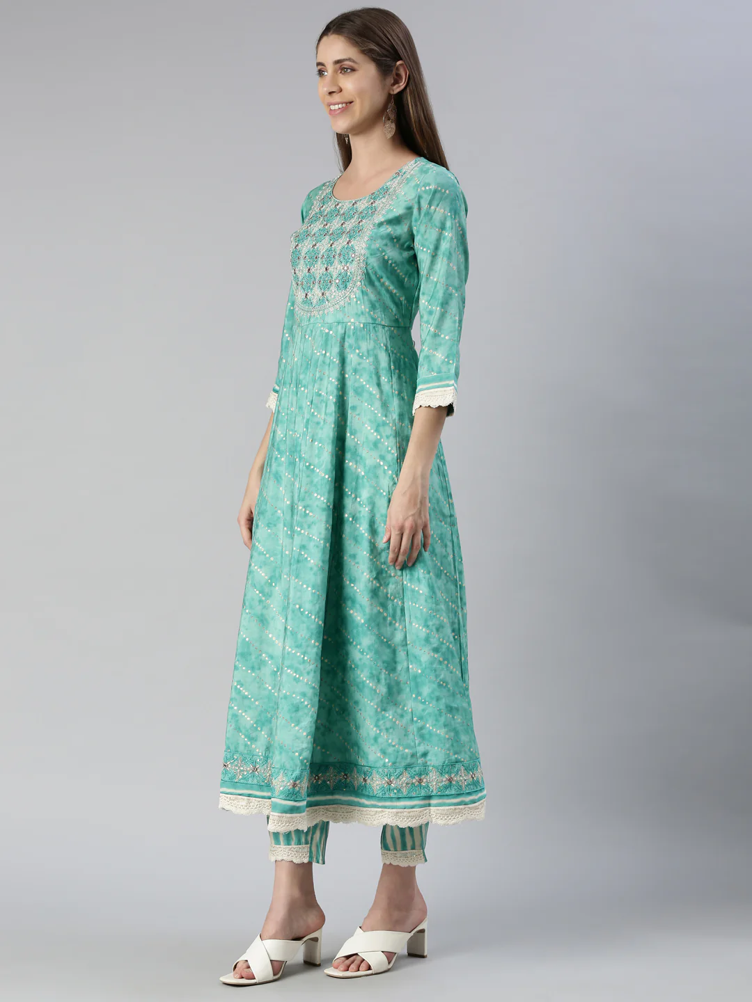 Neerus Women Sky Blue Yoke Design Calf Length Kurta And Trousers With Dupatta - Image 2