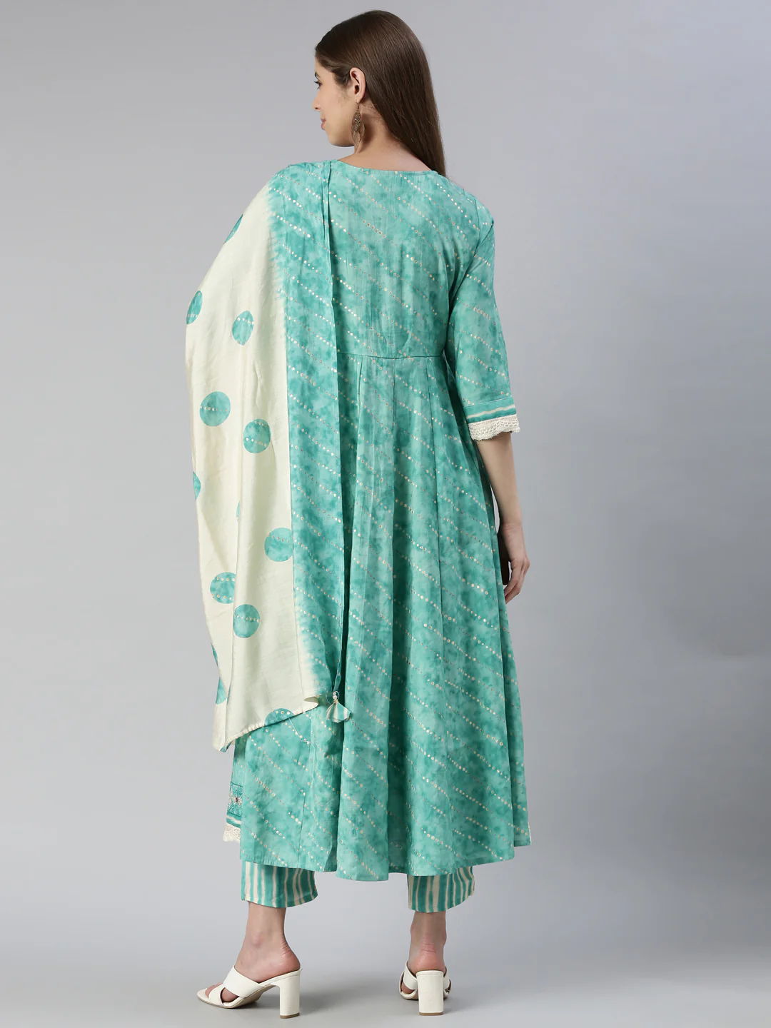 Neerus Women Sky Blue Yoke Design Calf Length Kurta And Trousers With Dupatta - Image 3