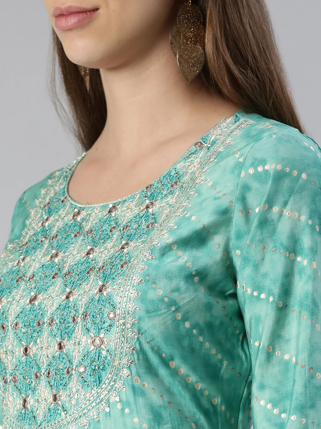 Neerus Women Sky Blue Yoke Design Calf Length Kurta And Trousers With Dupatta - Image 4