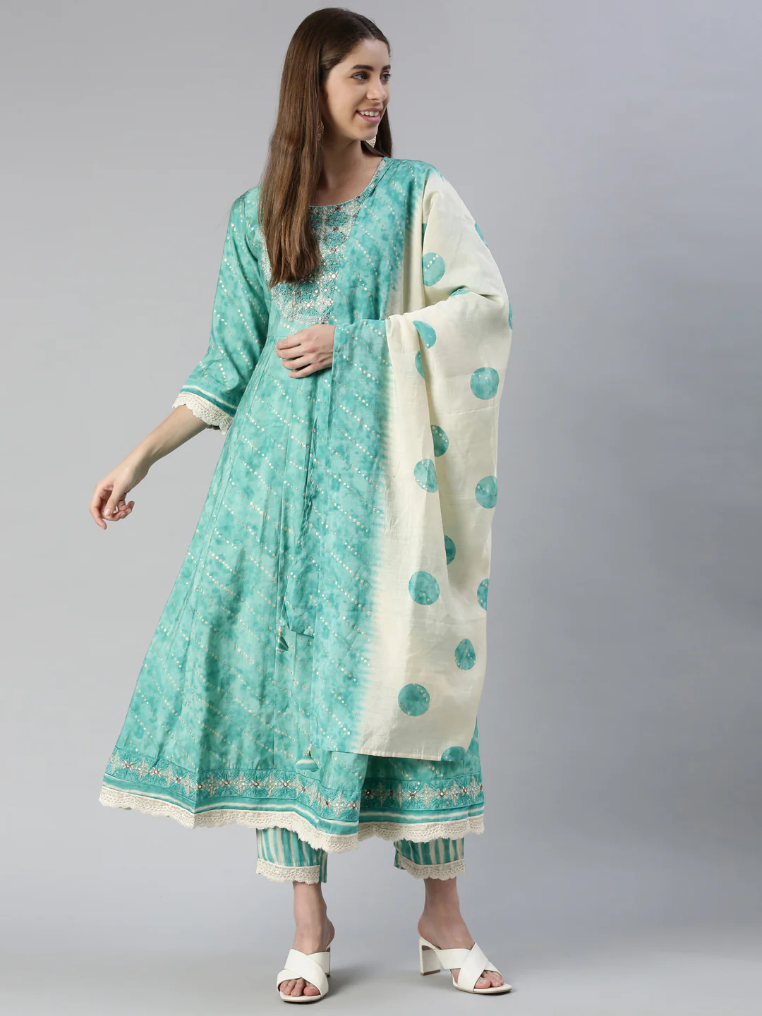 Neerus Women Sky Blue Yoke Design Calf Length Kurta And Trousers With Dupatta - Image 5