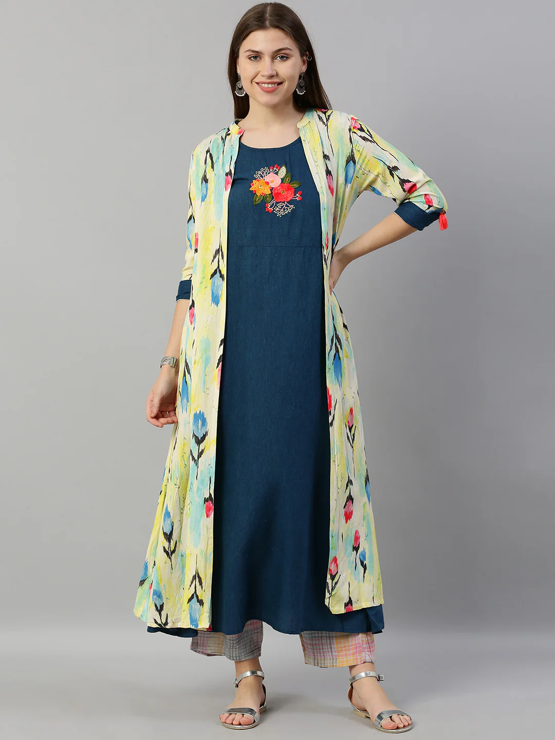 Neerus Women Teal Blue Yellow Printed Layered A-Line Kurta With Embroidered Detailing