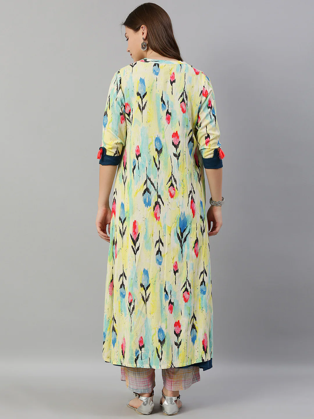 Neerus Women Teal Blue Yellow Printed Layered A-Line Kurta With Embroidered Detailing - Image 4