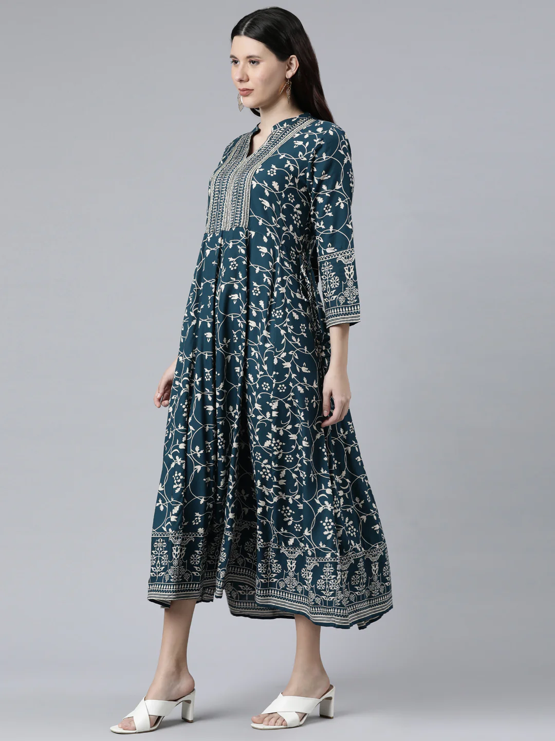 Neerus Women Teal Floral Printed Anarkali Kurta - Image 2