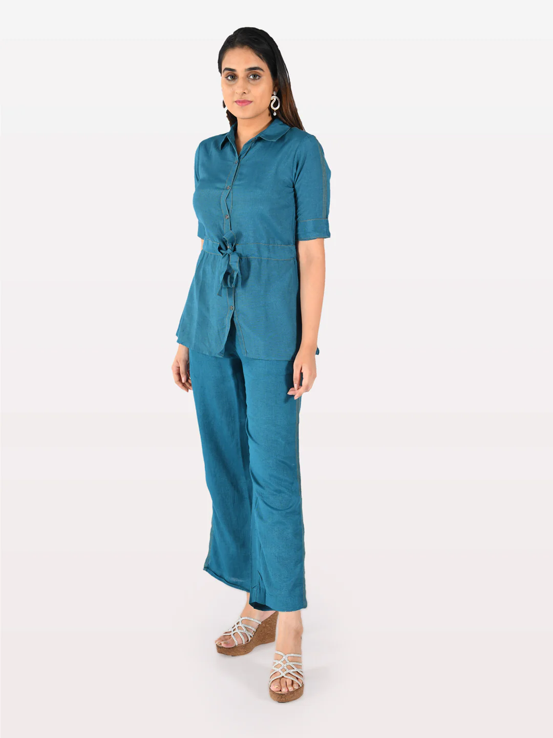Neerus Women Teal Solid Tunic With Trousers