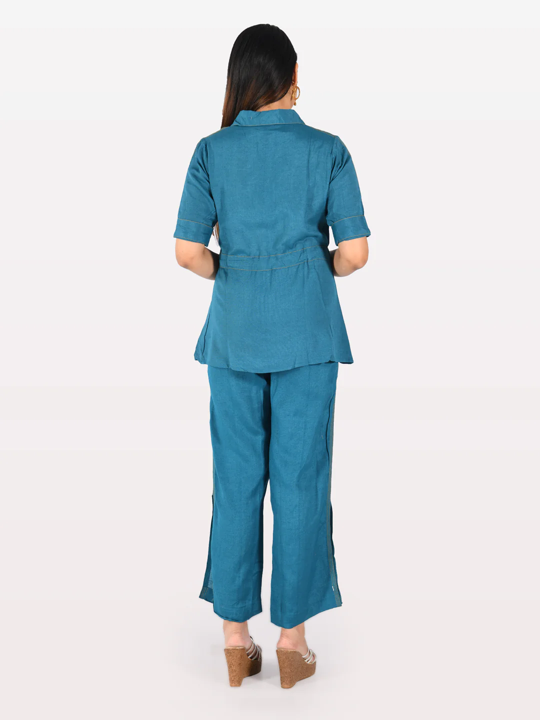 Neerus Women Teal Solid Tunic With Trousers - Image 2