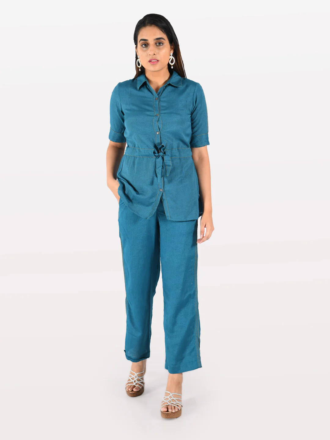 Neerus Women Teal Solid Tunic With Trousers - Image 4